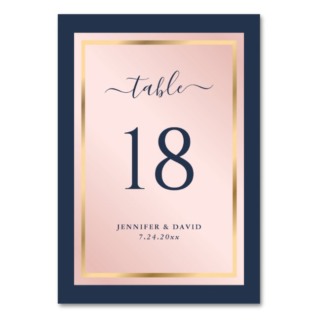 Navy Blue Blush and Gold Wedding Table Number (Front)