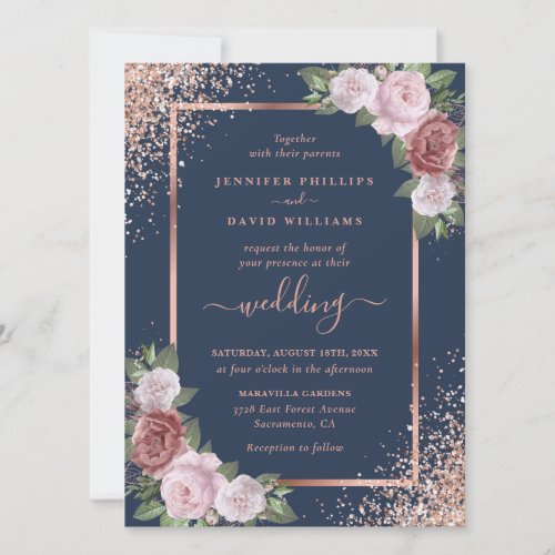 Navy Blue Blush and Rose Gold Glitter Wedding Invitation