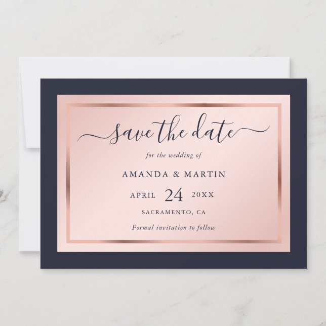 Navy Blue Blush and Rose Gold Script Wedding Save The Date (Front)