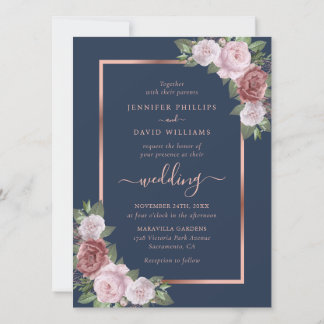 Navy Blue Blush and Rose Gold Wedding Invitation