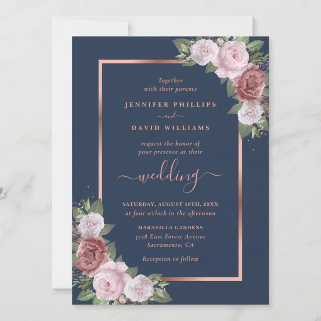 Navy Blue Blush and Rose Gold Wedding Invitation | Zazzle