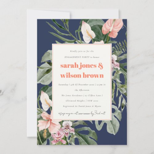 Navy Blue Blush Boho Tropical Floral Engagement Invitation