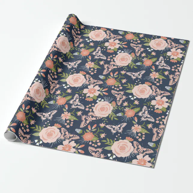 Navy Blue & Blush Botanical Floral Wrapping Paper | Zazzle