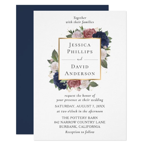 Navy Blue Blush Botanical Wedding Invitations