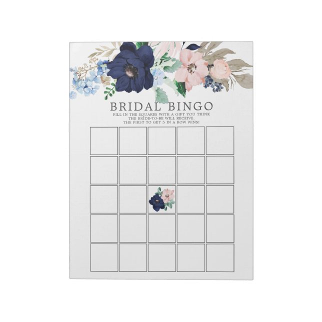 Navy Blue & Blush Bridal Shower Bingo Game Notepad (Rotated)