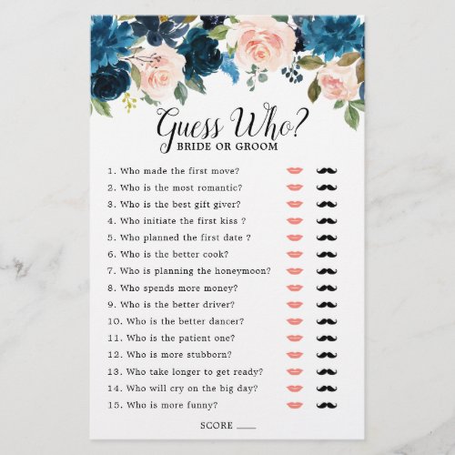 Navy Blue Blush Bridal Shower Game Guess Who