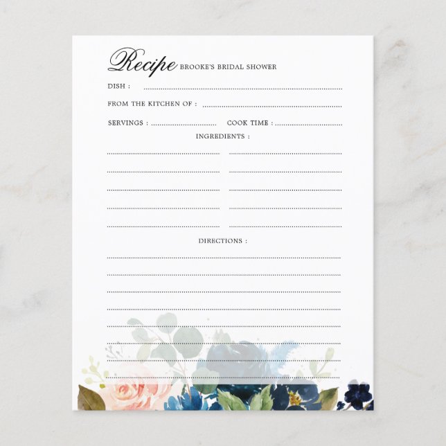 Navy Blue Blush Bridal Shower Recipe card (Front)