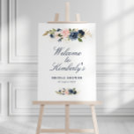 navy blue & blush bridal shower welcome sign<br><div class="desc">A floral wedding design with beautiful navy blue and blush pink watercolor flowers. The text and colors on this sign poster can be edited.</div>