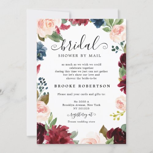 Navy Blue Blush Burgundy Bridal Shower by mail Invitation