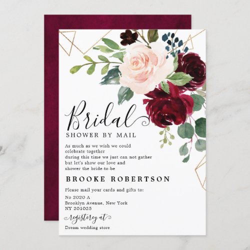 Navy Blue Blush Burgundy Bridal Shower by mail Invitation