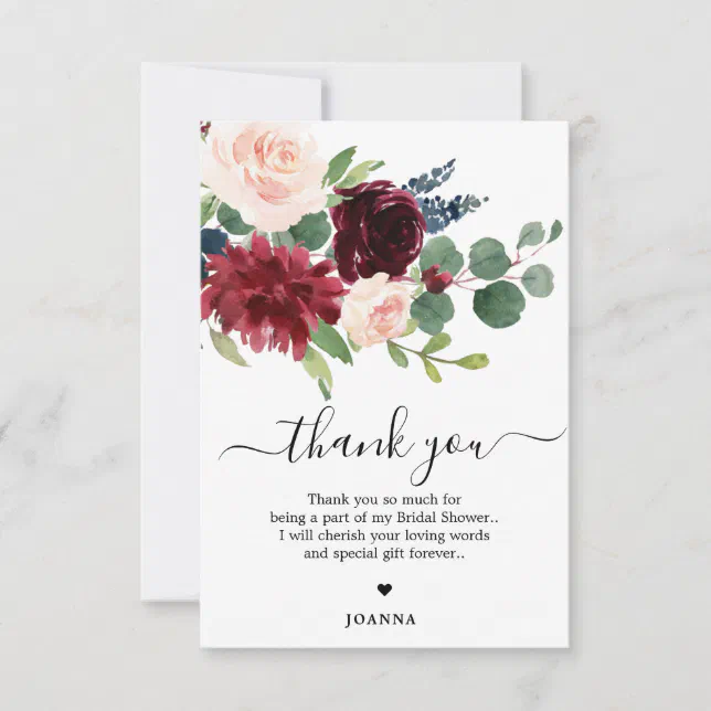 Navy Blue Blush Burgundy Floral Bridal Shower Thank You Card | Zazzle