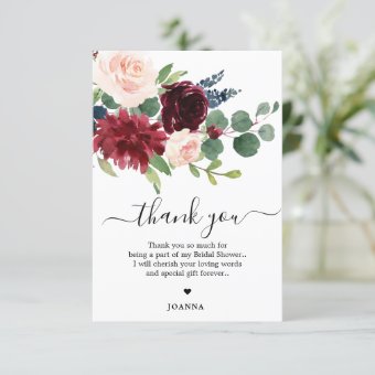 Navy Blue Blush Burgundy Floral Bridal Shower Thank You Card | Zazzle