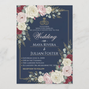 Navy Blue Blush Burgundy Floral Gold Frame Wedding Invitation