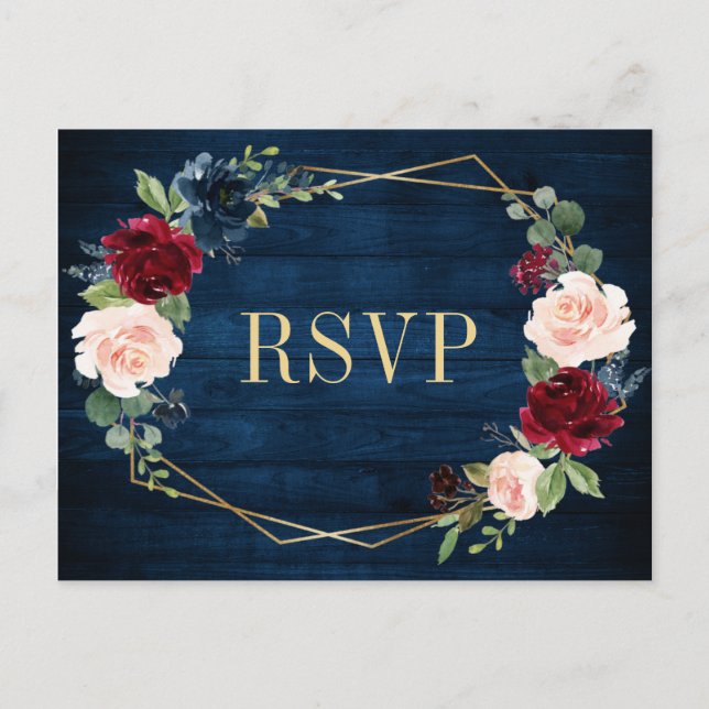 Navy Blue Blush Burgundy Gold Geometric RSVP Postc Postcard (Front)