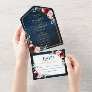 Navy Blue Blush Burgundy Gold Geometric Wedding Al All In One Invitation