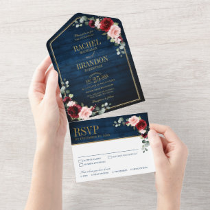 Navy Blue Blush Burgundy Gold Geometric Wedding Al All In One Invitation