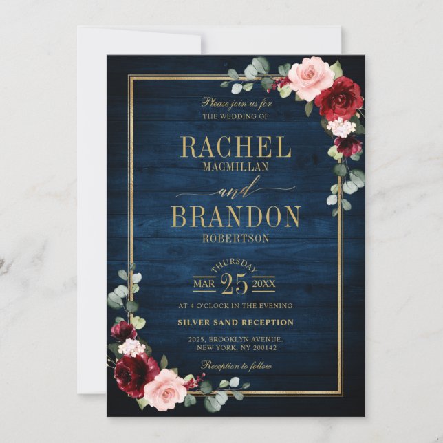 Navy Blue Blush Burgundy Gold Geometric Wedding In Invitation (Front)