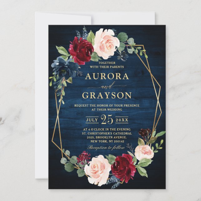 Navy Blue Blush Burgundy Gold Geometric Wedding In Invitation (Front)