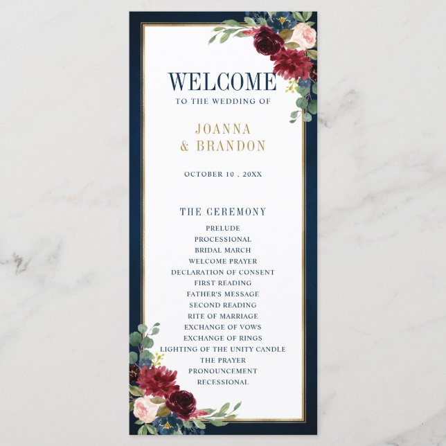 Navy Blue Blush Burgundy Gold Geometric Wedding Program (Front)