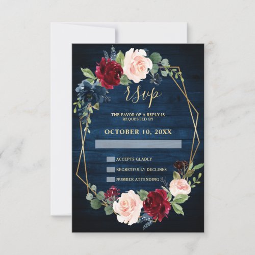 Navy Blue Blush Burgundy Gold Geometric Wedding RSVP Card