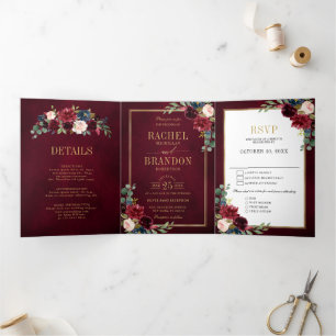 Navy Blue Blush Burgundy Gold Geometric Wedding Tr Tri-Fold Announcement