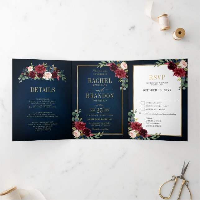 Navy Blue Blush Burgundy Gold Geometric Wedding Tri-Fold Announcement (Inside)