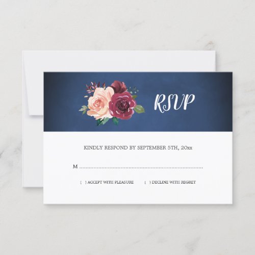 Navy Blue Blush Burgundy Rose Floral Wedding RSVP Card