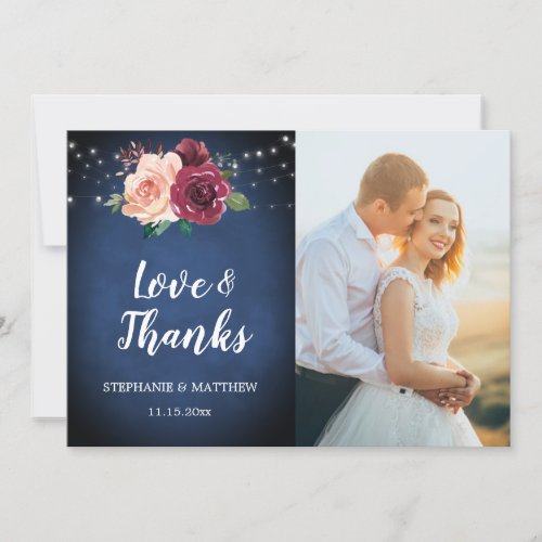 Navy Blue Blush Burgundy Rose Lights Photo Wedding Thank You Card