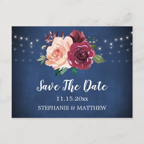 Navy Blue Blush Burgundy Rose Lights Save The Date Announcement Postcard