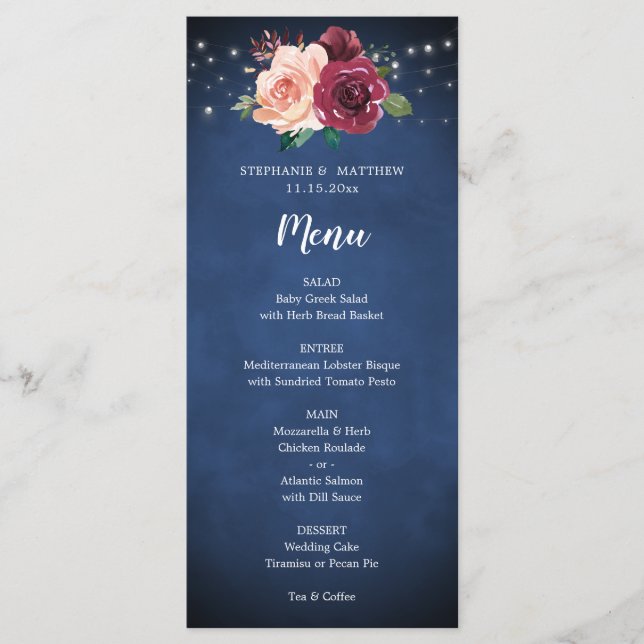 Navy Blue Blush Burgundy Rose Lights Wedding Menu (Front)