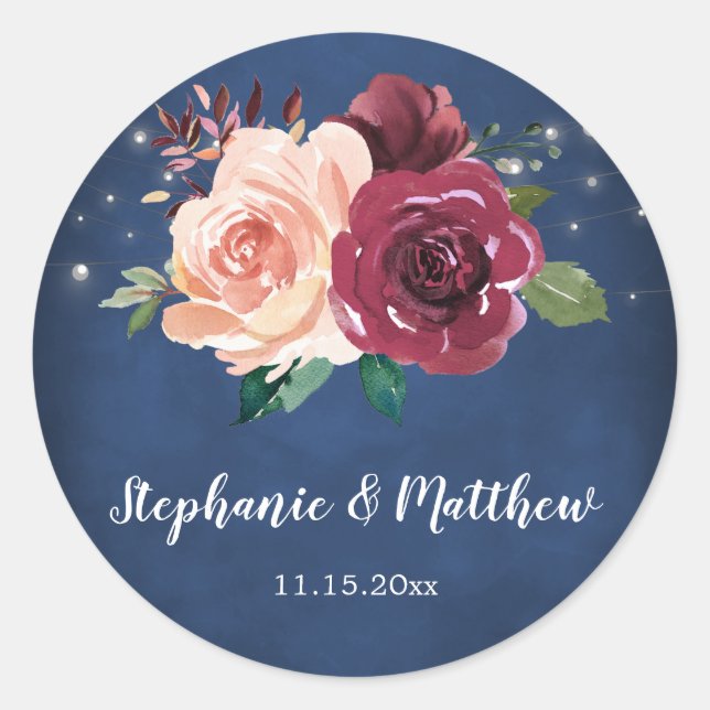 Navy Blue Blush Burgundy Rose String Light Wedding Classic Round Sticker (Front)