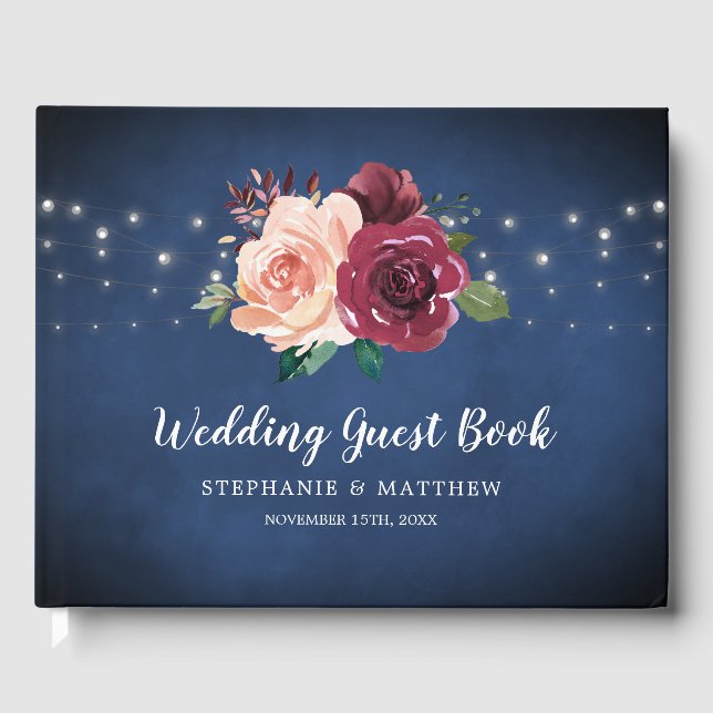 Navy Blue Blush Burgundy Rose String Light Wedding Guest Book (Front)