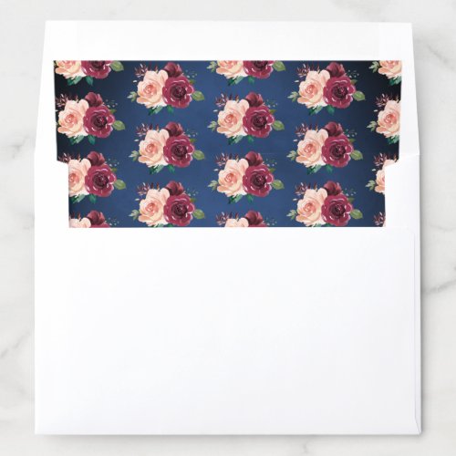 Navy Blue Blush Burgundy Roses Floral Wedding Envelope Liner