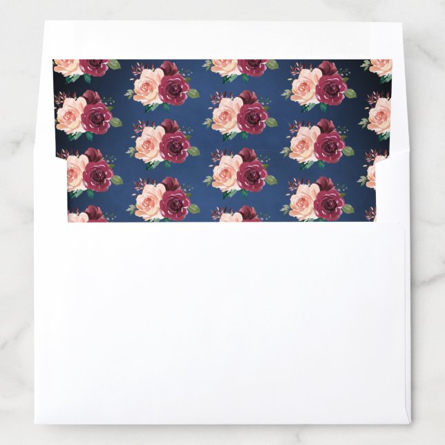 Navy Blue Blush Burgundy Roses Floral Wedding Envelope Liner (In Envelope)