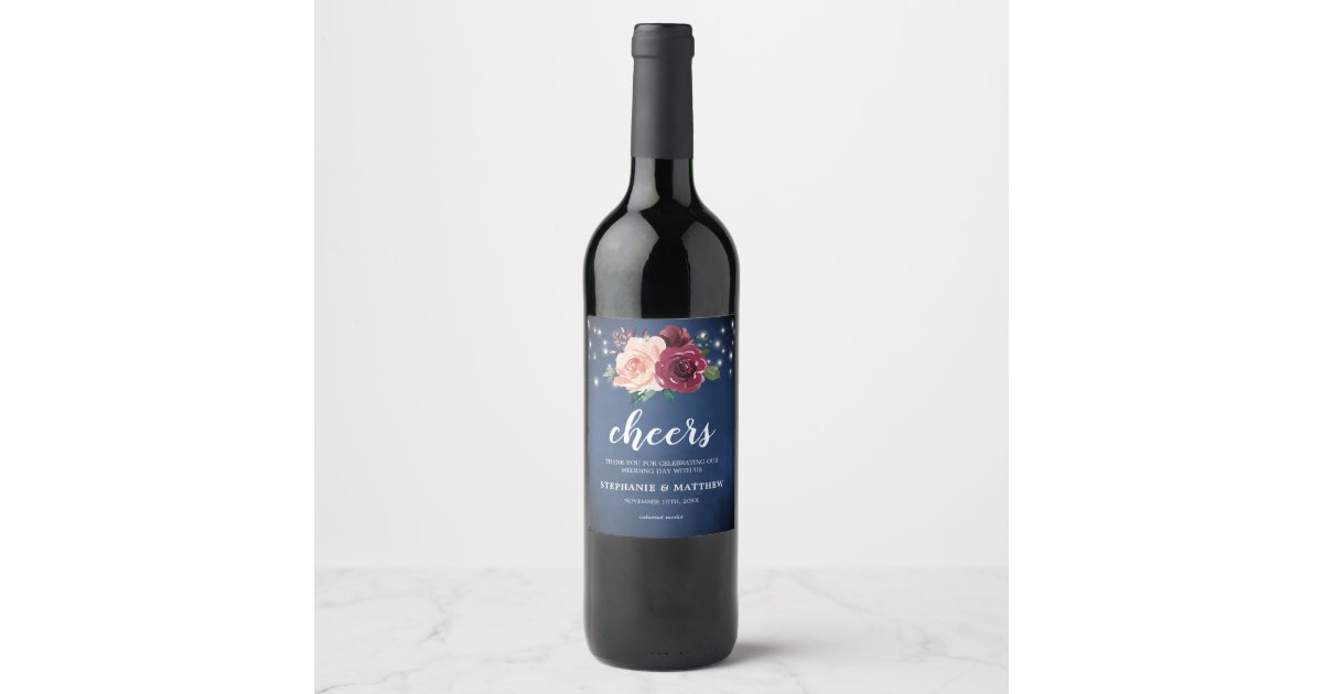 Navy Blue Blush Burgundy Roses Lights Wedding Wine Label | Zazzle