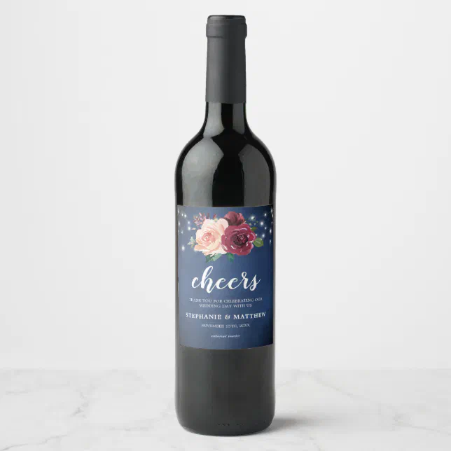 Navy Blue Blush Burgundy Roses Lights Wedding Wine Label | Zazzle