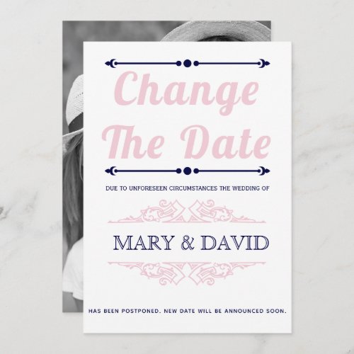 Navy blue blush Change the Date announcement