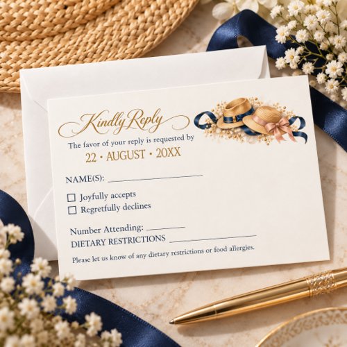 Navy Blue Blush Destination Wedding Vintage Theme RSVP Card