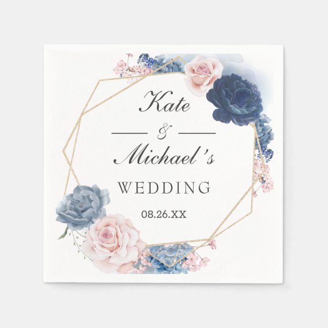 Navy Blue Blush Dusty Floral Gold Frame Wedding Napkins (Front)