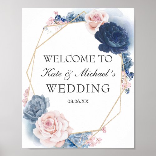 Navy Blue Blush Dusty Floral Gold Frame Wedding Poster