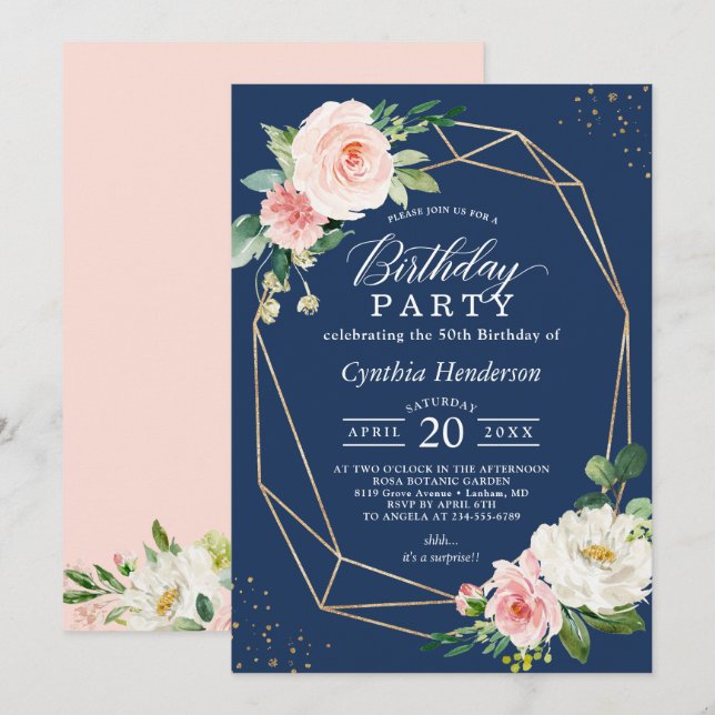 Navy Blue Blush Floral Adult Birthday Party Invitation (Front/Back)