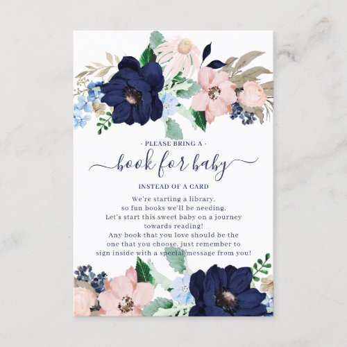 Navy Blue  Blush Floral Baby Shower Book for Baby Enclosure Card