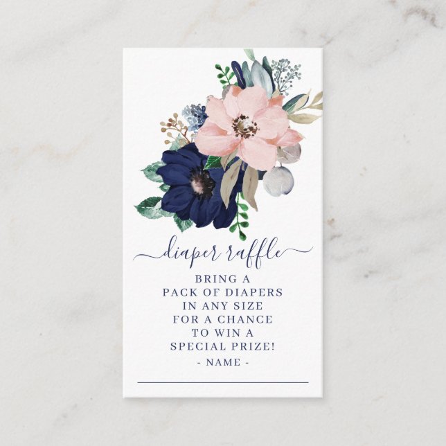 Navy Blue & Blush Floral Baby Shower Diaper Raffle Enclosure Card (Front)