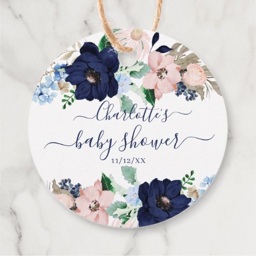 Navy Blue Blush Floral Baby Shower Favor Gift Tag