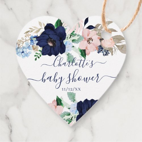 Navy Blue Blush Floral Baby Shower Favor Gift Tag