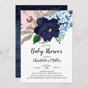 Navy Blue & Blush Floral Baby Shower Invitation