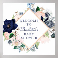 Navy Blue & Blush Floral Baby Shower Welcome Poster