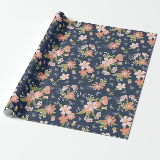 Navy Blue & Blush Floral & Bees Wrapping Paper (Unrolled)