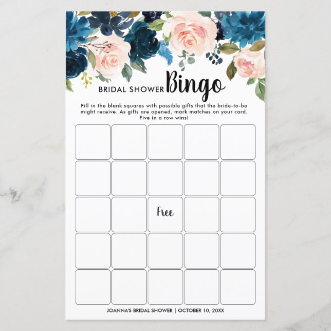 Navy Blue Blush Floral Bridal Shower Bingo (Front)