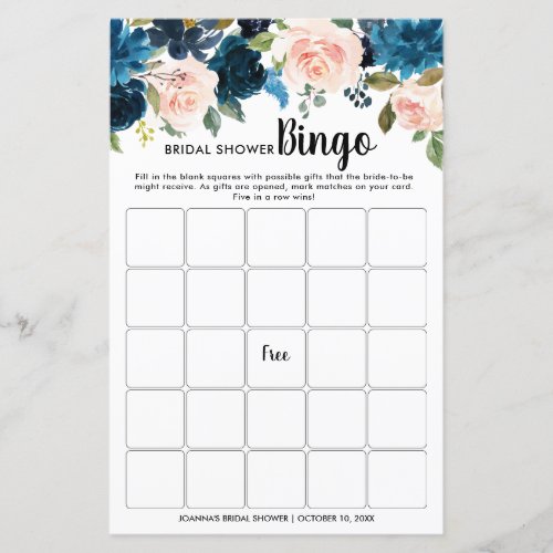 Navy Blue Blush Floral Bridal Shower Bingo